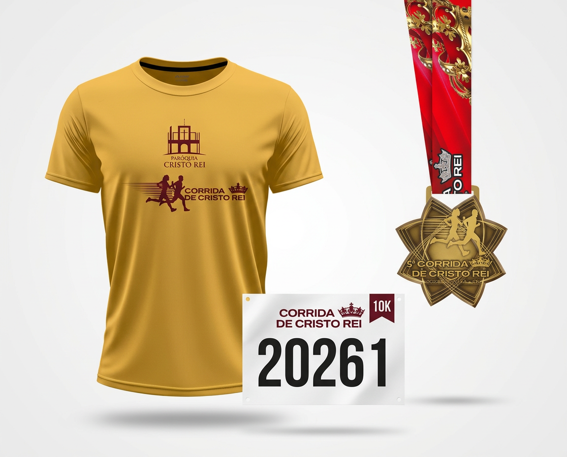 Kit do atleta: camiseta oficial da corrida, medalha e número de peito